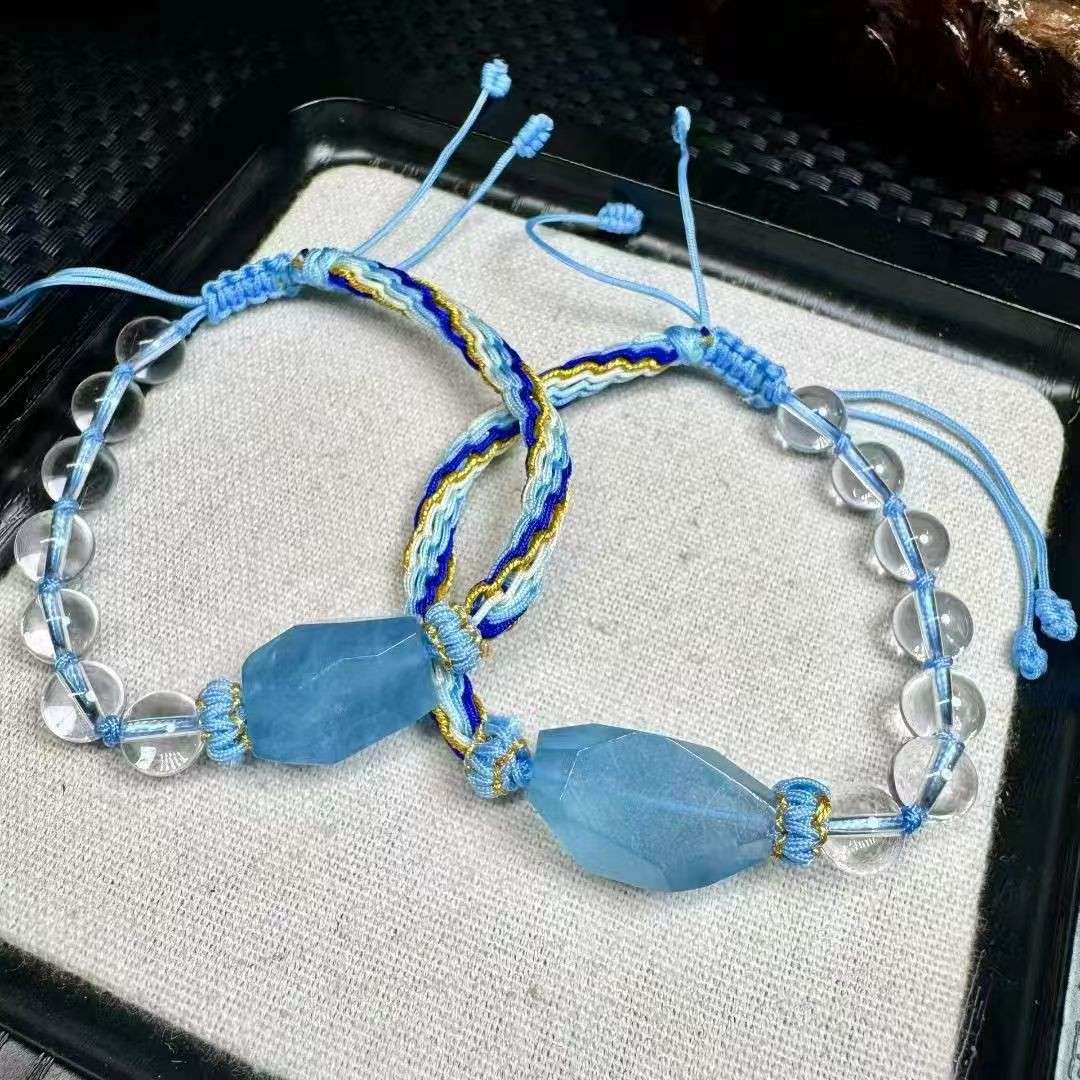 热卖款精品天然海蓝宝随型轮回结手绳天然白水晶圆珠串制手工编织