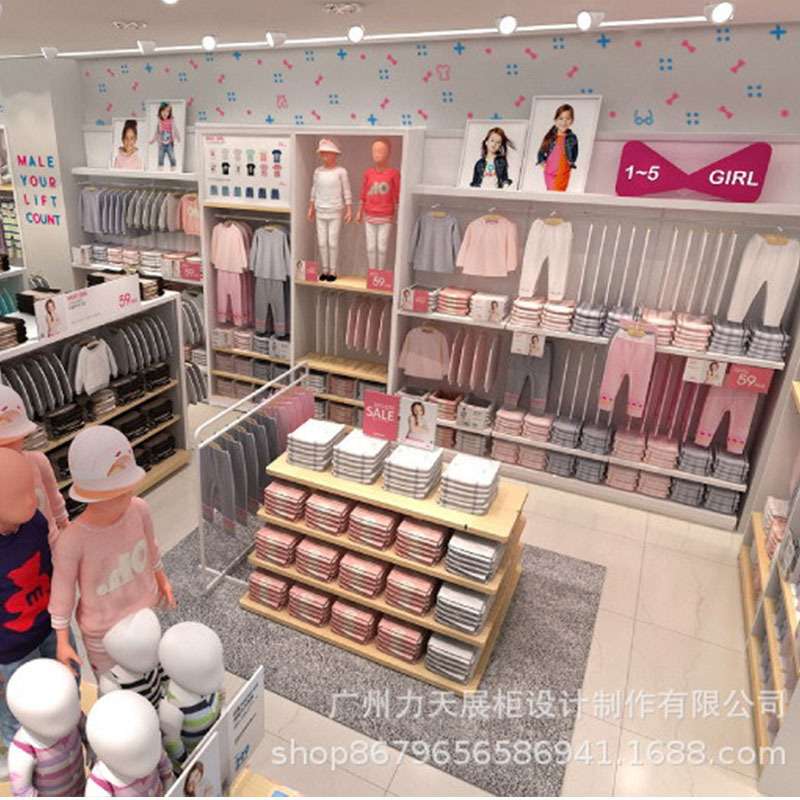 休闲服装店陈列柜厂家定 制 童装折扣店高柜 服装烤漆中岛展台