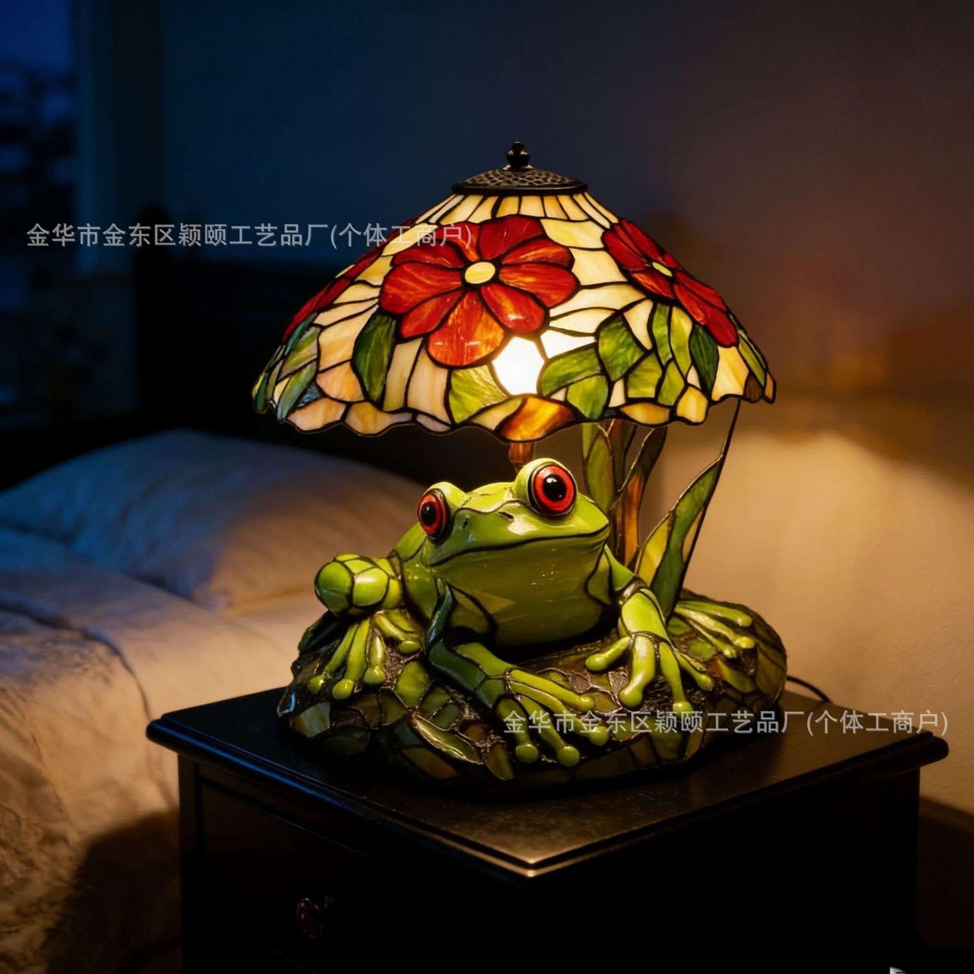 跨境新品创意树脂工艺青蛙与花朵造型台灯家居桌面床头装饰摆件