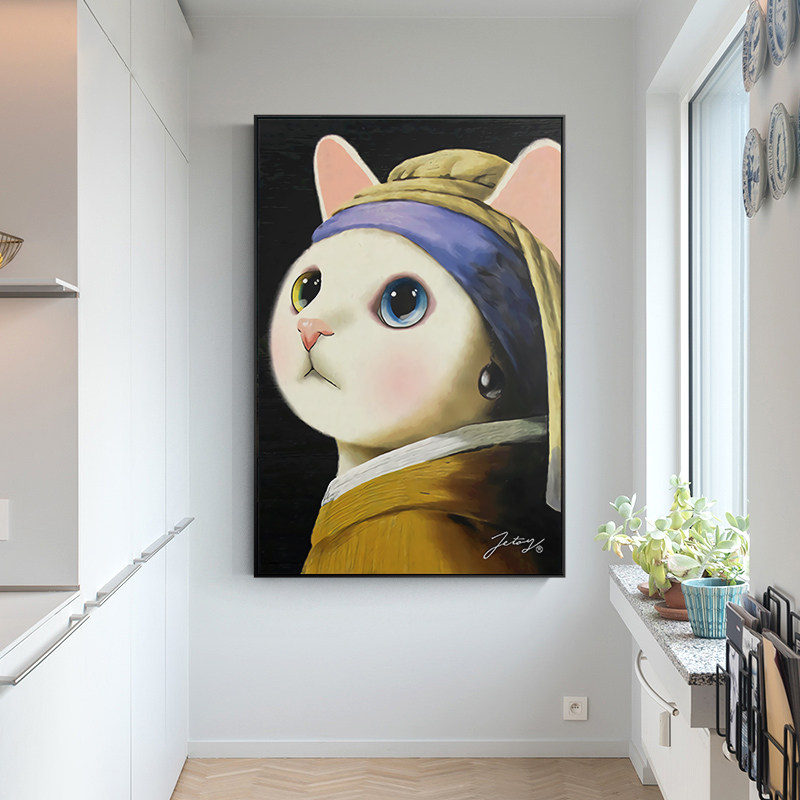 北欧艺术餐厅装饰画猫咪大版大尺寸竖版玄关进门挂画儿童房卧室画