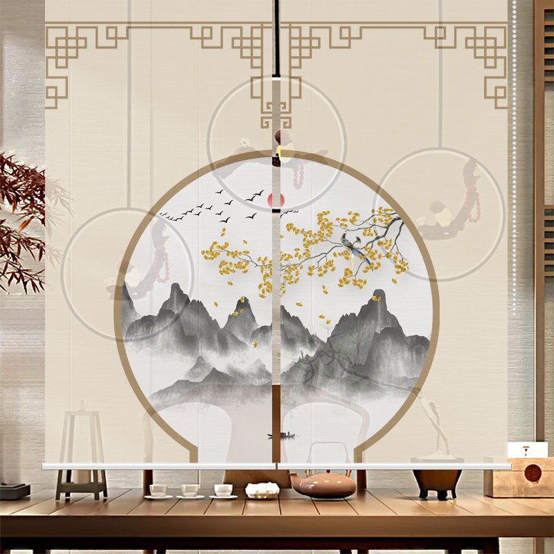 中式卷帘窗帘复古禅意中国风升降免打孔厨房拉门帘子隔断屏风挂式