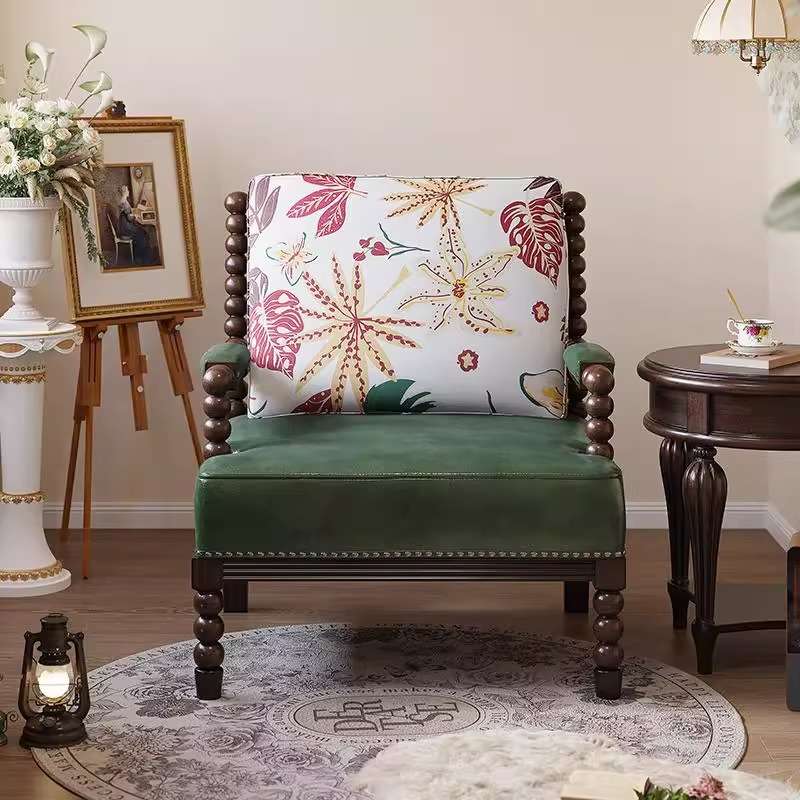 美式复古实木珍珠椅老钱风单人沙发法式老虎椅中古风客厅休闲凳