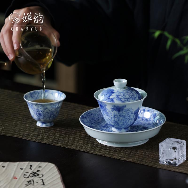 婵韵斋居青樵轩手绘万花盖碗国色天香泡茶碗小田月月景德镇茶具