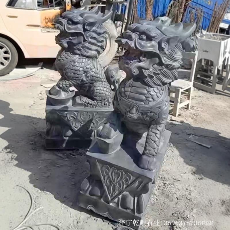 青石麒麟庭院门口摆件 嘉祥圆雕复古石雕摆饰 山东手工雕刻神兽石