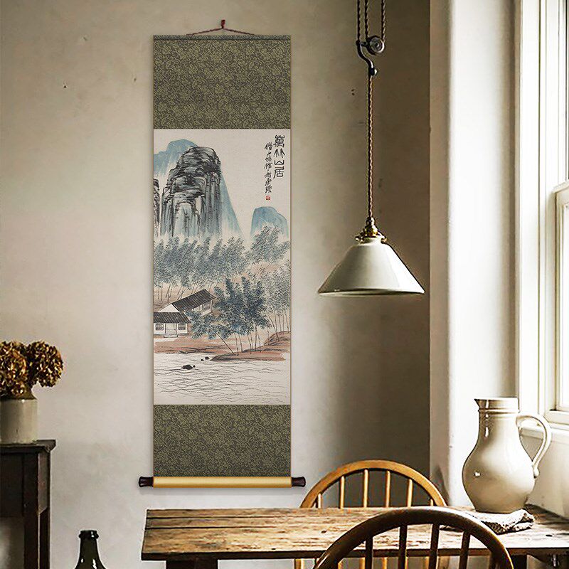 齐白石万竹山居中式丝绸卷轴挂画竖版书房客厅山水装饰画玄关壁画