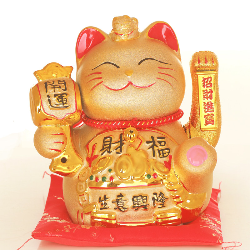 金色电动摇手招财猫开业特大号陶瓷前台家用装饰发财猫10寸-16寸