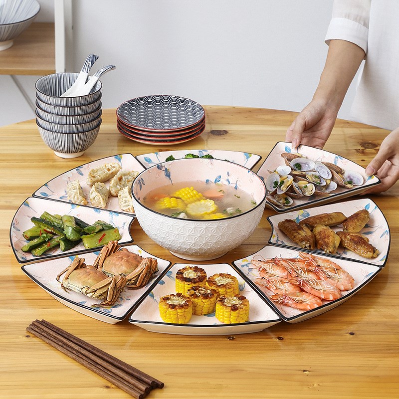 网红北欧风陶瓷餐具套组火锅扇形盘家用海鲜汤碗盘子组合大拼盘子
