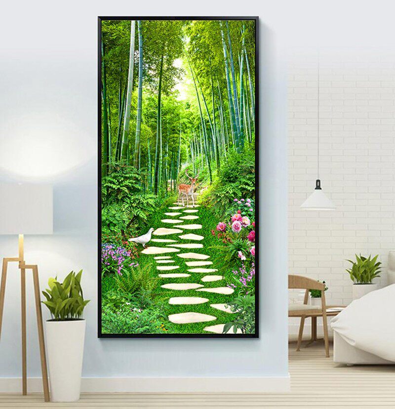 新中式玄关墙画走廊装饰画竖版单幅过道绿色挂画客厅竹林风景定做