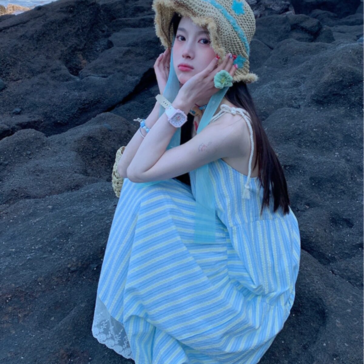 海边度假条纹吊带连衣裙
