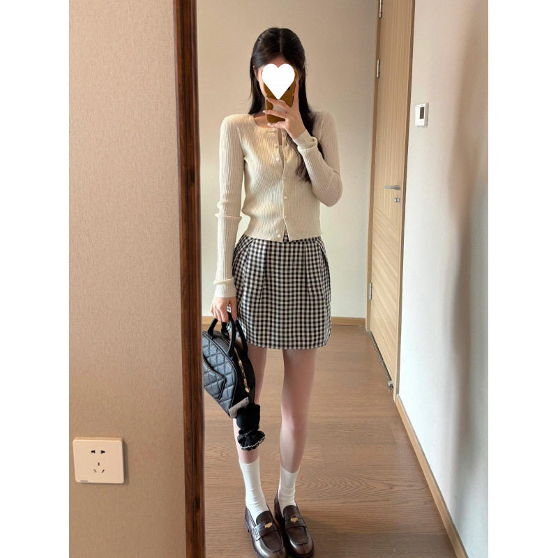 春秋新款盐系韩剧穿搭三件套装格子半身短裙连衣裙女小个子初秋女