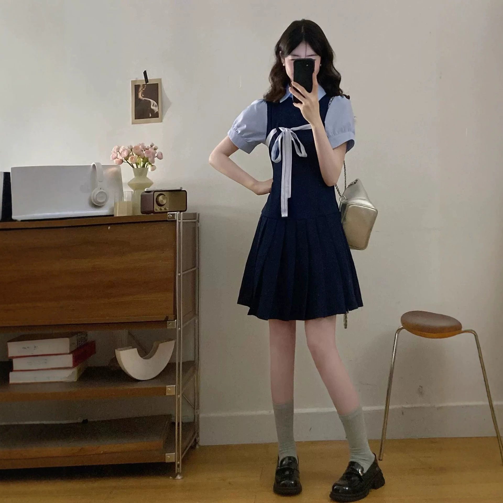 学院风气质撞色条纹连衣