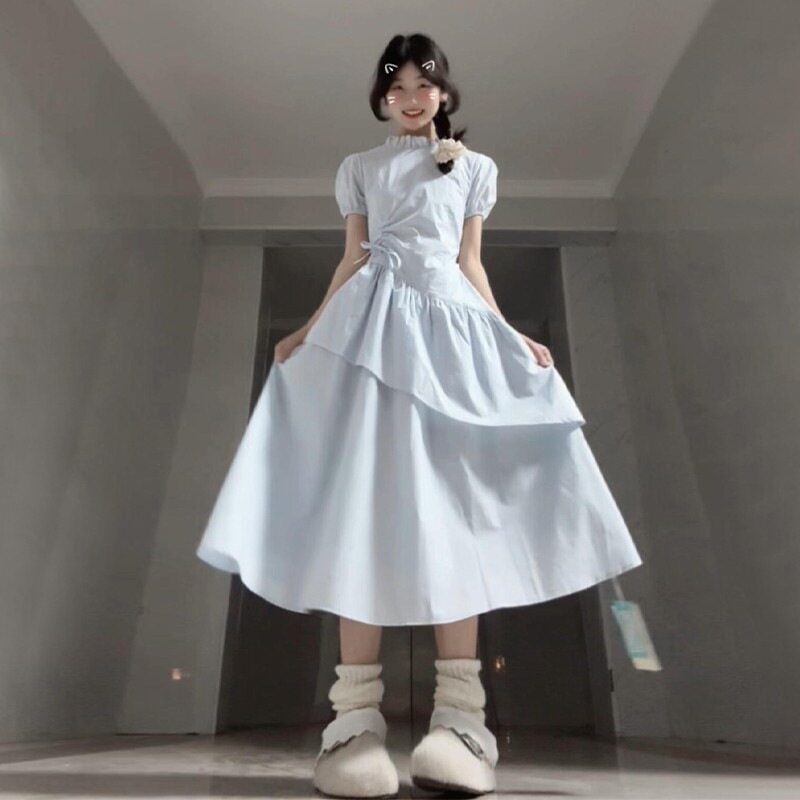 法式绝美蓝色短袖连衣裙