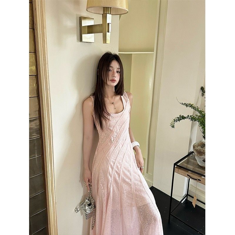 粉色u领无袖背心连衣裙女