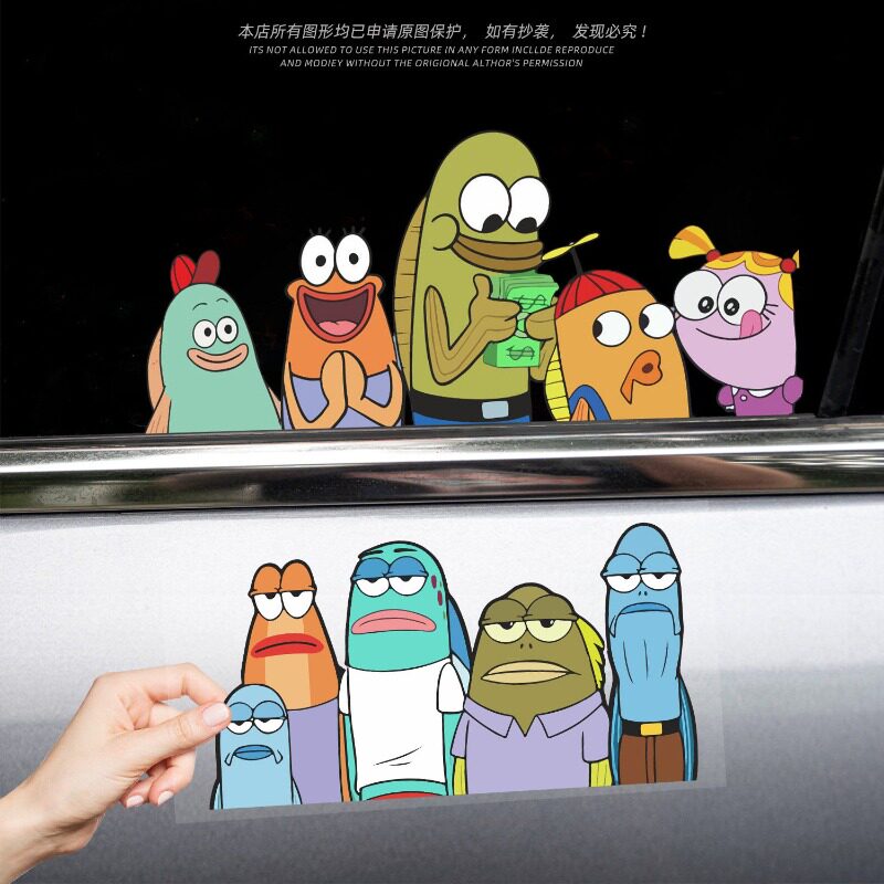 汽车贴纸比奇堡居民卡通动漫车窗装饰贴膜车身划痕遮挡贴防水贴纸