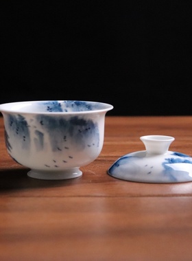 潮汕手绘白瓷可悬停青花山水三才盖碗陶瓷功夫茶具中式家用带盖