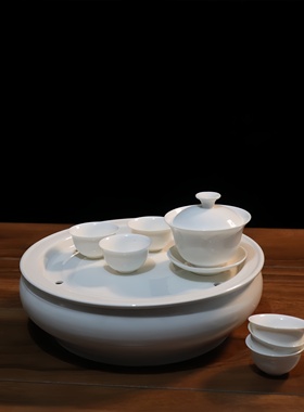 潮汕陶瓷圆形储水式大中小号干泡盘家用迷你白色小型茶盘茶海茶船
