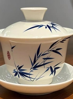 潮汕白瓷手绘中式家用单个三才盖碗 手彩功夫茶碗手工敬茶碗