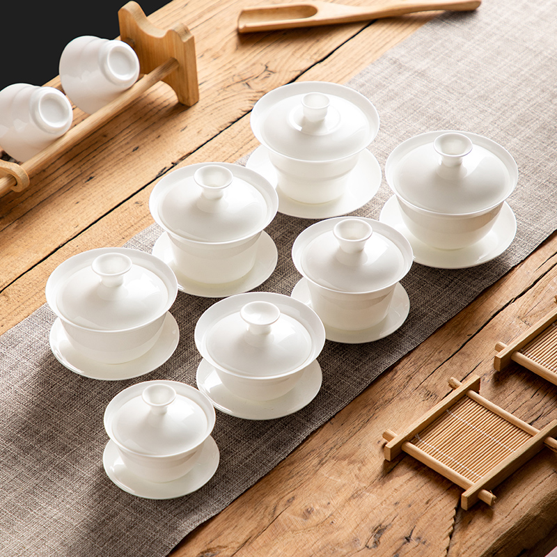 潮汕骨瓷盖碗茶杯纯白不烫