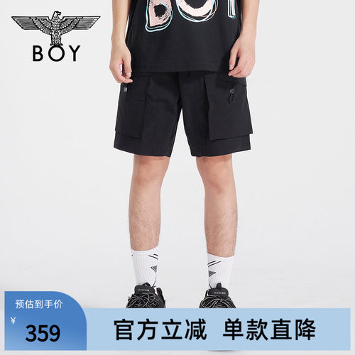 BOYLONDON潮牌休闲裤男女同款夏季黑色宽松梭织工装短裤N32006