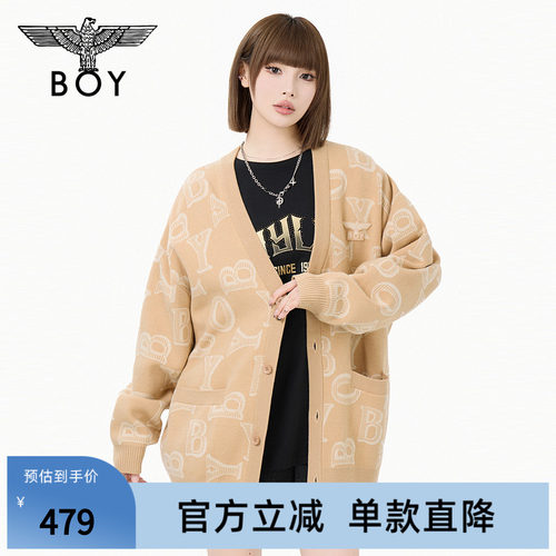 BOYLONDON春季V领慵懒风情侣老钱提花潮牌针织毛衣开衫外套N64021