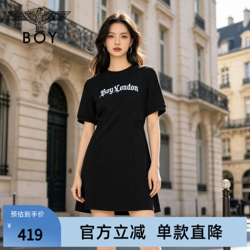 BOYLONDON夏日潮酷机能黑仿蓝钻收腰连衣裙26年女休闲T恤裙W17905