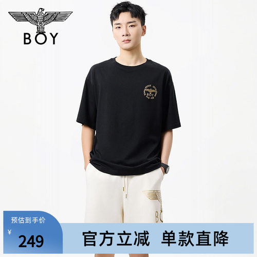 BOYLONDON鹰羽生辉休闲百搭黑色圆领T恤夏季男女同款短袖N01809