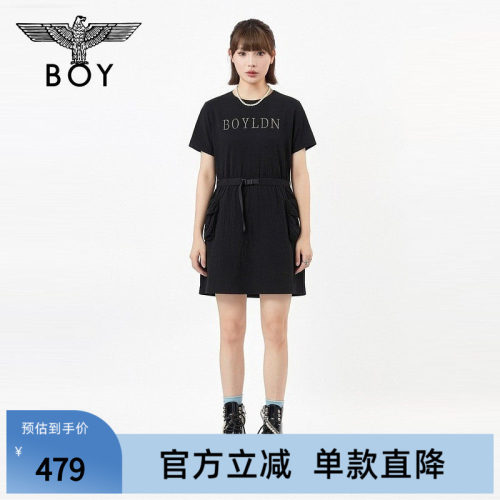 BOYLONDON百搭机能黑收腰显瘦拼接梭织女连衣裙休闲工装裙W37902