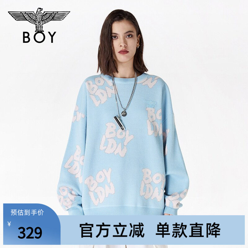 BOYLONDON秋季情侣款字母提花甜酷休闲潮牌套头长袖毛衣N60002