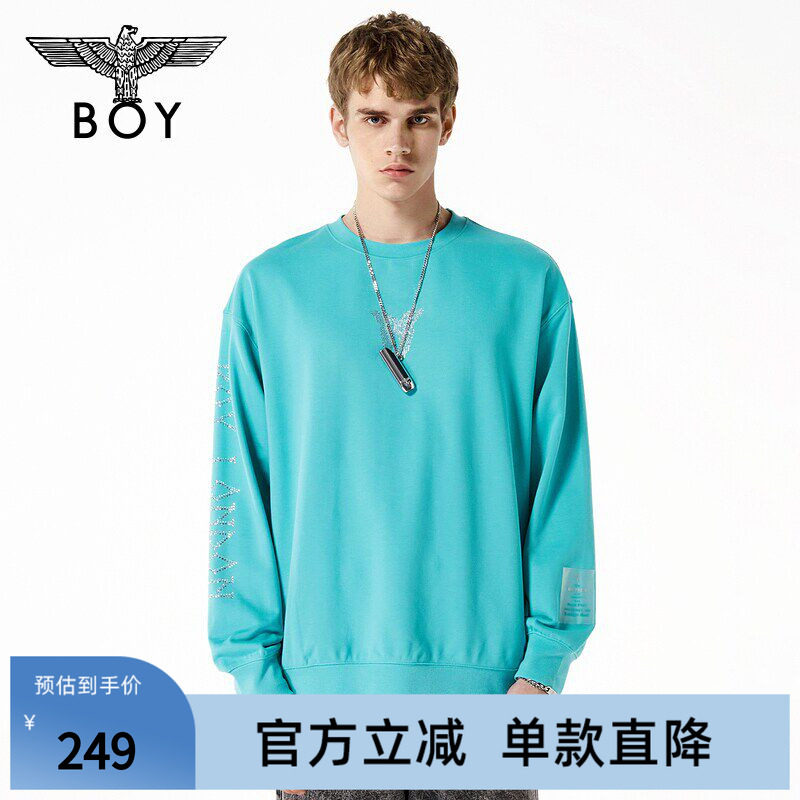 BOYLONDON秋季情侣款纯棉烫钻朋克潮酷孔雀蓝圆领套头卫衣N03901