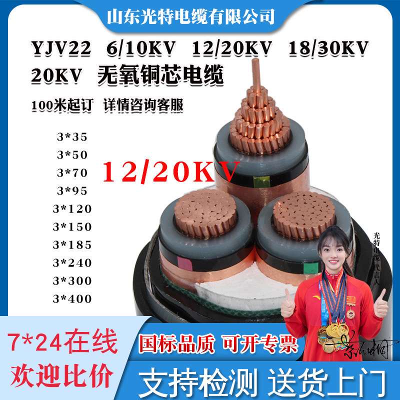 YJV22铜芯20KV高压10KV电缆线12KV 3芯70 120 150 300平方18/30KV