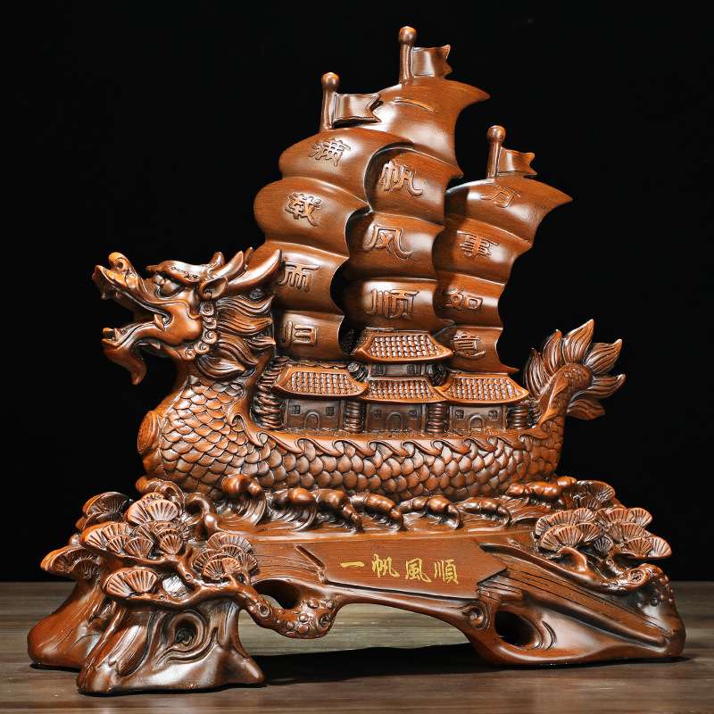 一帆风顺帆船摆件龙船沙金工艺品家居客厅电视柜办公室老板桌装饰
