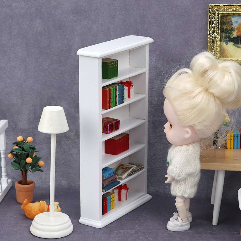 1:12娃娃屋dollhouse别墅迷你家具模型橱柜壁柜复古书房白色书柜