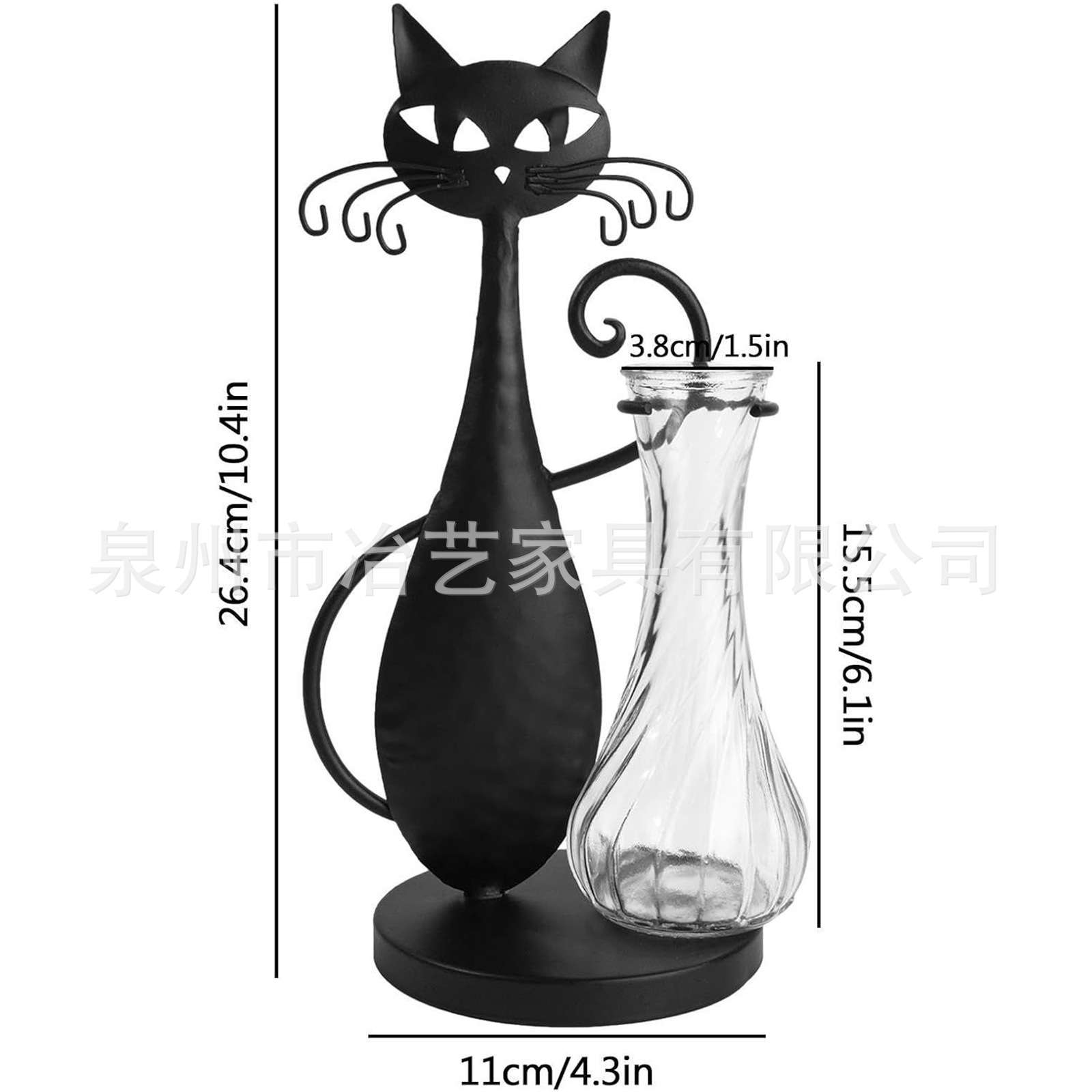 亚马逊跨境热卖铁艺黑猫桌面水培植物玻璃花瓶居家装饰培育盆栽瓶