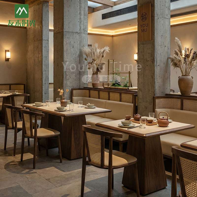 茶楼卡座沙发酒店餐厅料理店实木餐桌湘菜馆藤编商用餐饮店座椅