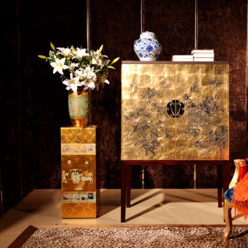 禅意新中式实木家具漆器贴金彩绘镶嵌门厅餐边玄关柜漆画家具设计