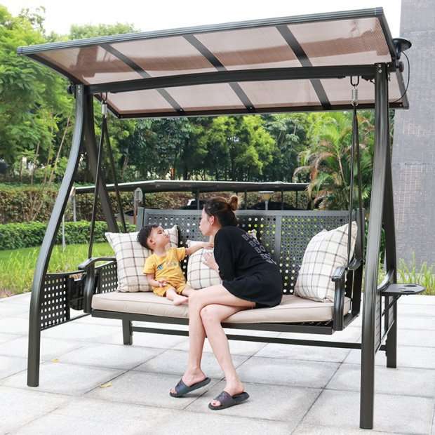 户外秋千摇摇椅庭院双人吊椅室外网红别墅露台太阳能铸铝秋千吊椅