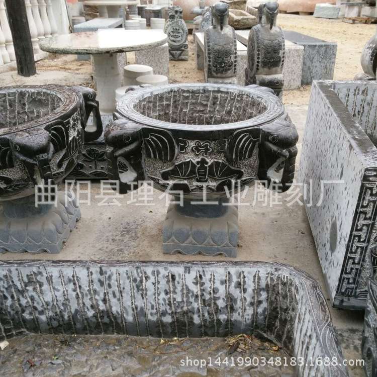 象头石雕花盆 青石象头养鱼水缸鱼缸 花盆 仿古雕塑厂家