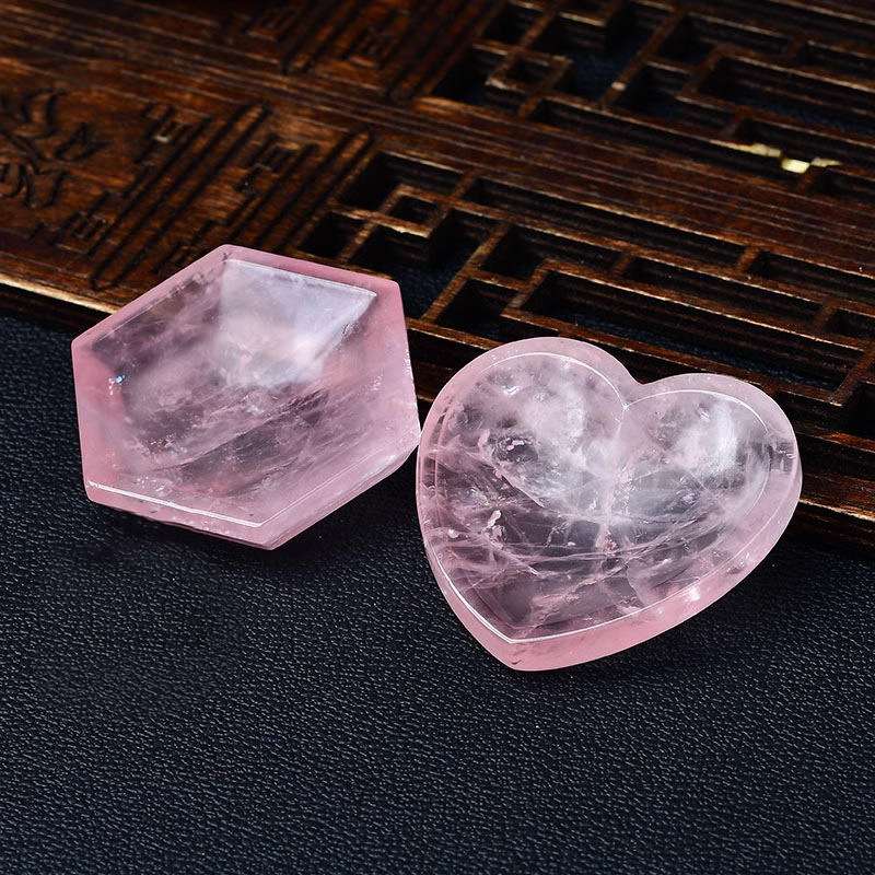 天然粉晶爱心碗摆件梅花形猫耳朵形水晶消磁碗家居客厅桌面摆设