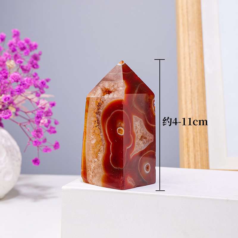 天然水晶红玛瑙单尖四面柱原石打磨能量柱家居办公桌面装饰摆件