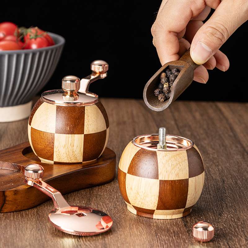棋盘格手摇胡椒研磨器厨房家用实木调味罐黑胡椒磨海盐调料瓶套装