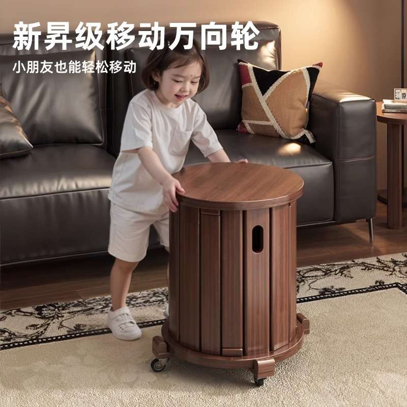 实木叠叠乐凳子家用餐桌凳可叠放客厅茶几备用凳组合滑轮移动圆凳