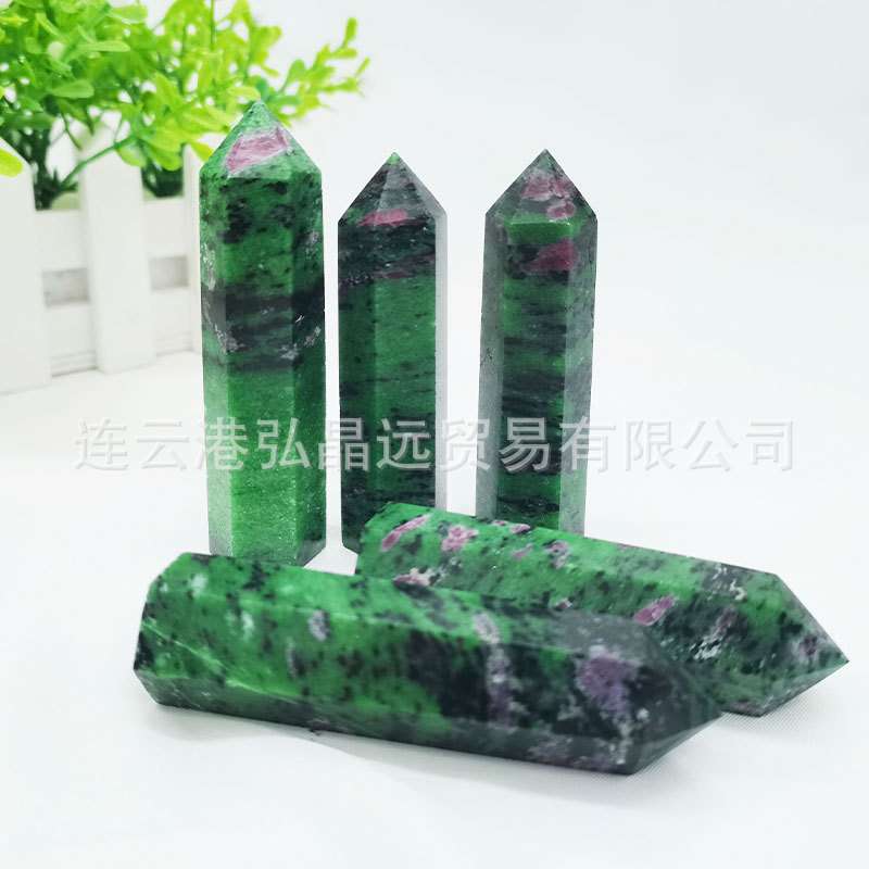 弘晶远水晶 天然红绿宝六棱柱单尖原石打磨水晶六棱柱跨境