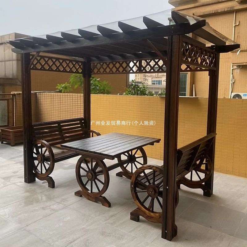户外防腐木葡萄架秋千爬藤架庭院实木桌椅花园碳化木室外露台凉亭