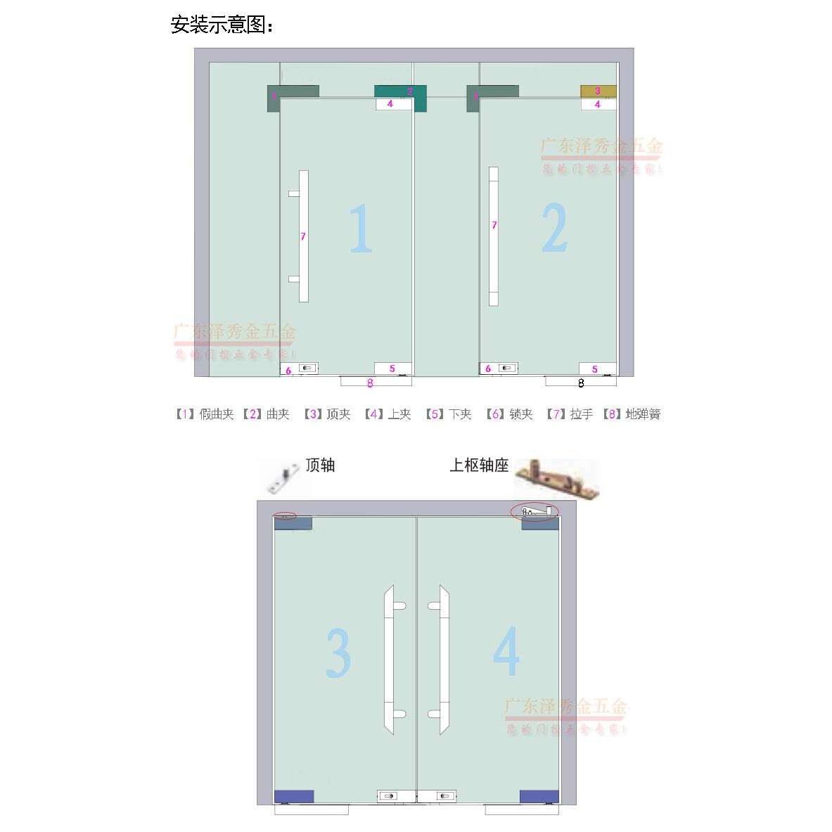 厂家直销泽秀金无框玻璃门上下曲夹地弹配件【四件套(全玻璃)