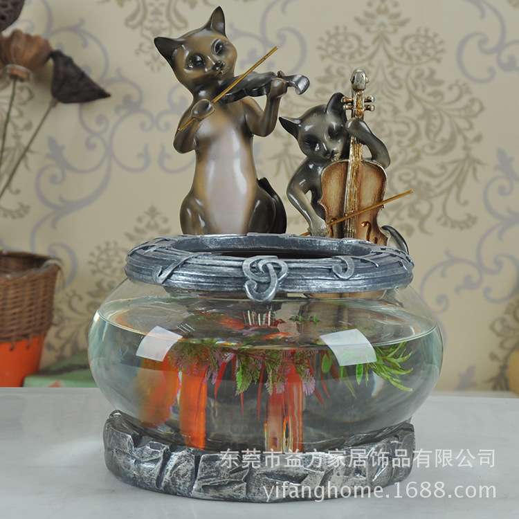 情侣猫大号鱼鱼缸 水草缸 乌龟缸 客厅书房装饰品摆设 新房装饰品