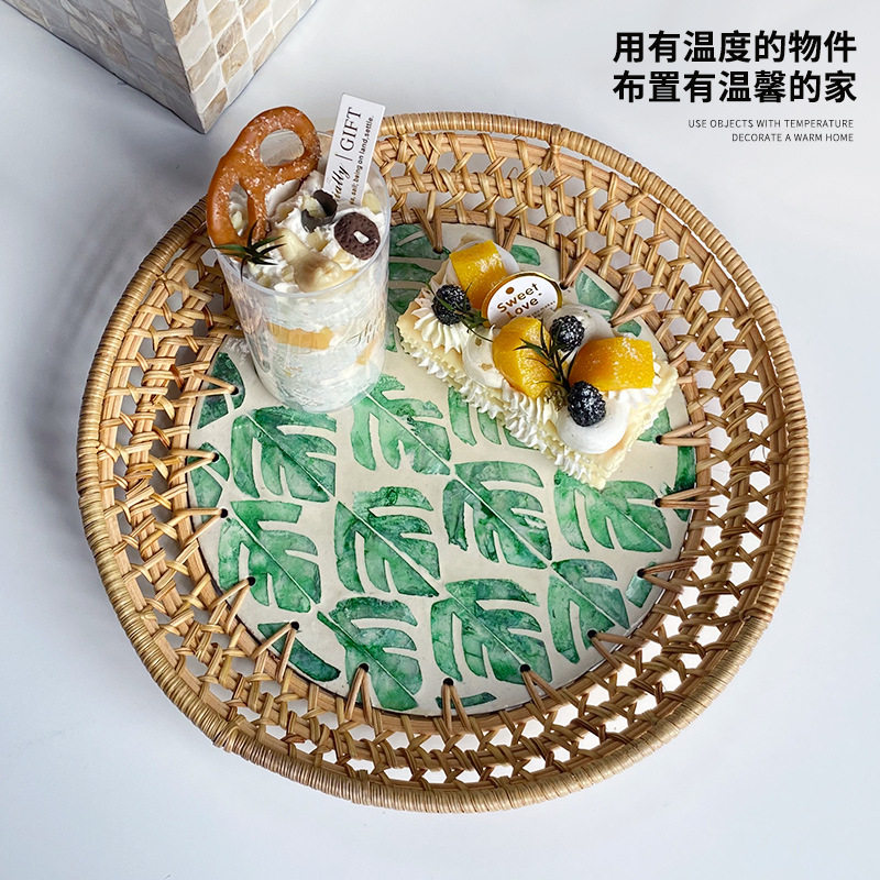 小清新藤编贝壳彩色收纳家用客厅高级轻奢早野餐糕点果盘餐厅盘子