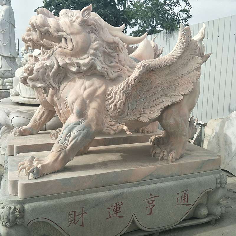 晚霞红狮子雕塑 石雕飞天狮子摆件 雕刻工艺品石雕麒麟动物雕刻