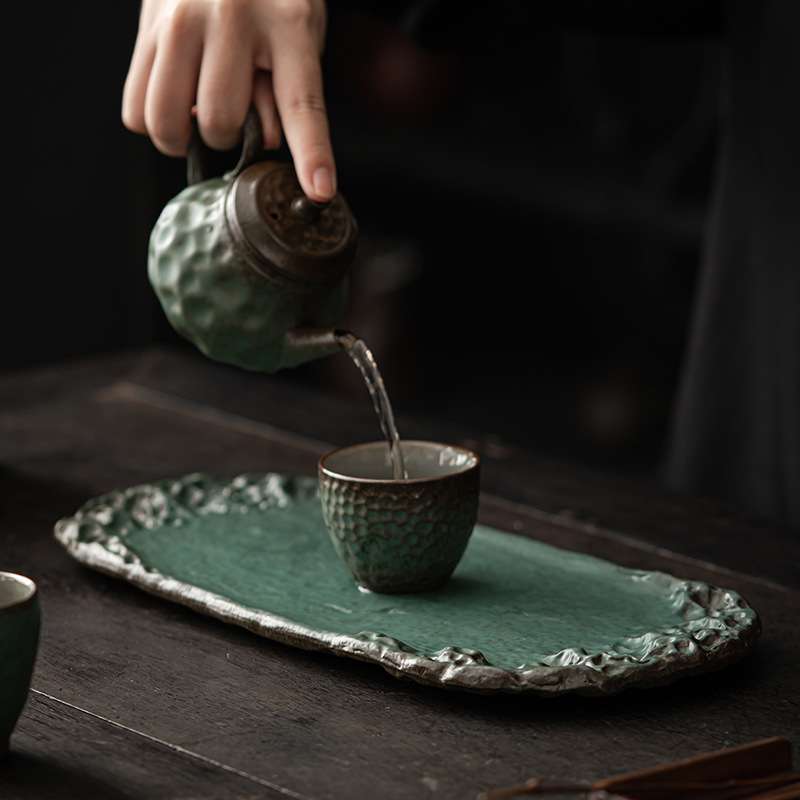 日式手工窑变青野干泡盘 陶瓷迷你小茶盘两人用简约茶台托盘
