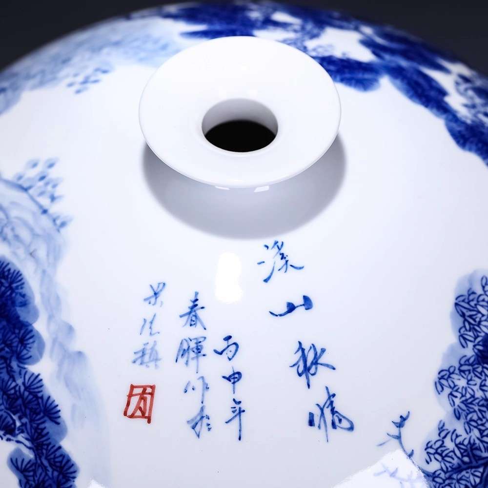 景德镇师傅手绘青花溪山秋晴花瓶 陶瓷器摆件小号青花瓷瓶子 爆款