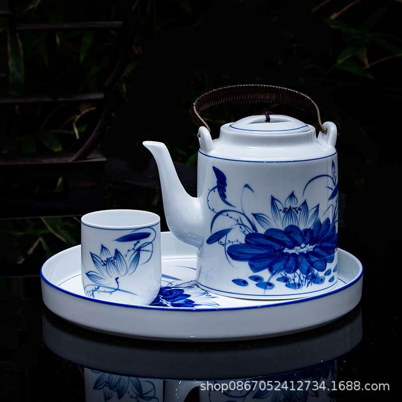 手绘青花瓷茶具套装家用会客办公中式景德镇陶瓷提梁茶壶茶杯